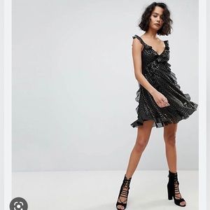 AllSaints v-neck black dress gold print with ruffles 6